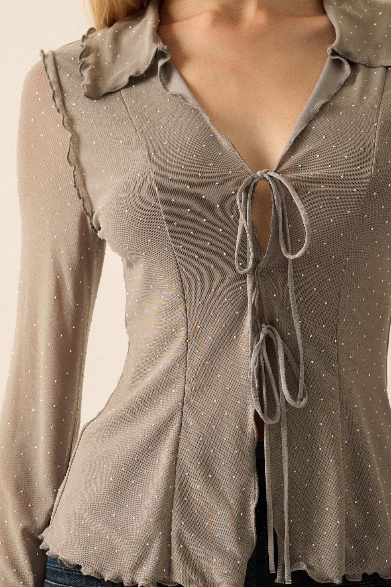 Falling Stars Studded Mesh Tie-Front Top