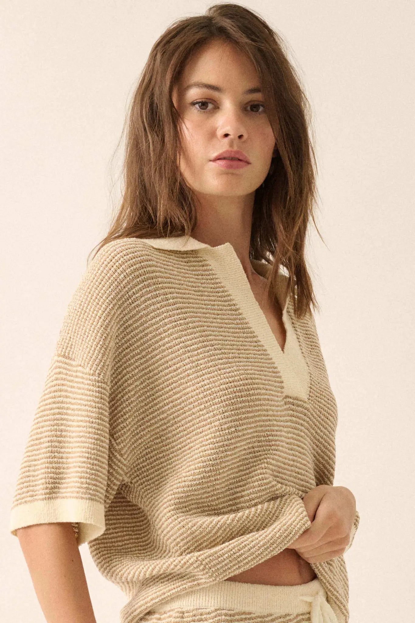 Days of Joy Striped Short-Sleeve Polo Sweater