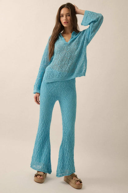 Diamond Dream Pointelle Crochet-Knit Polo Sweater