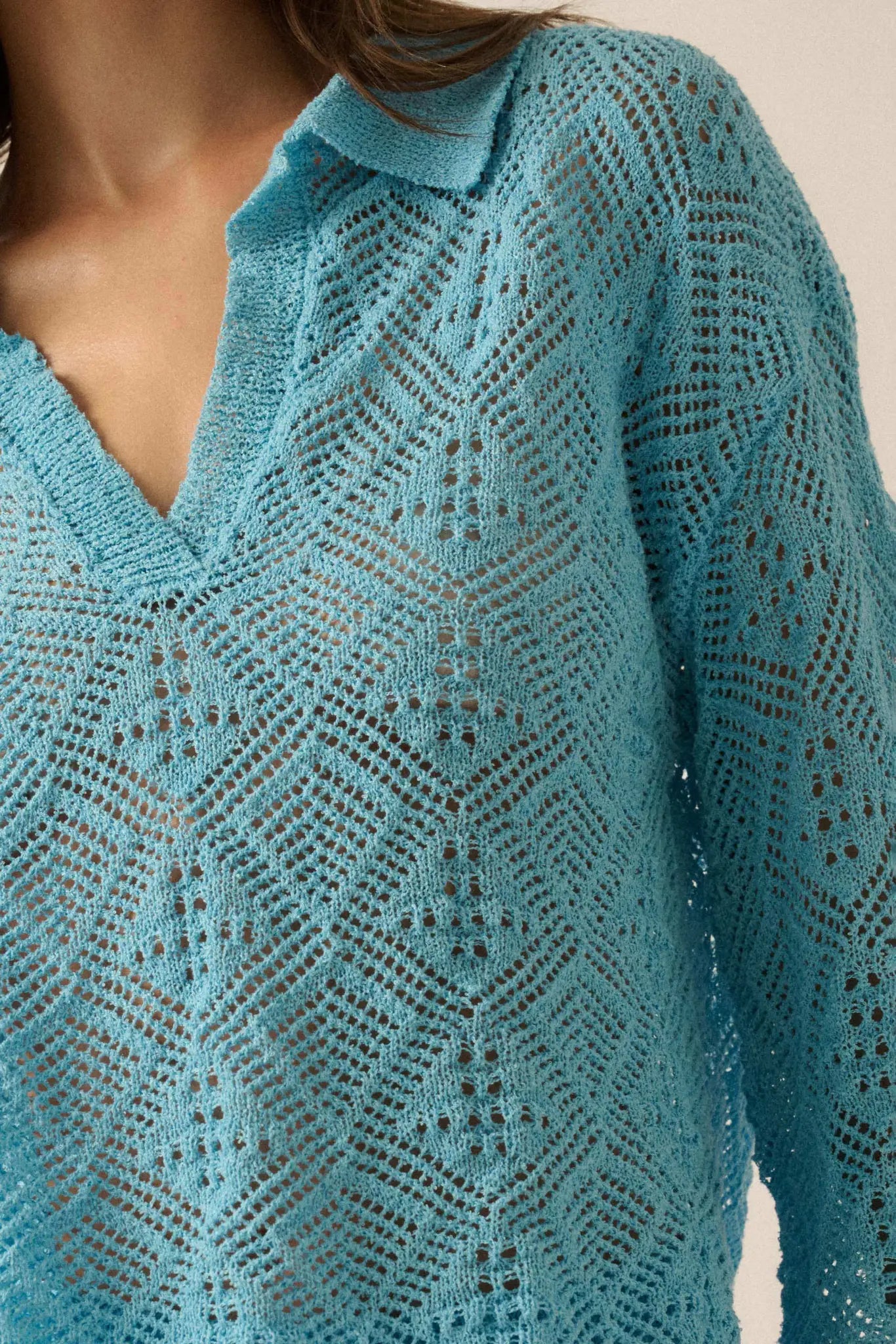 Diamond Dream Pointelle Crochet-Knit Polo Sweater