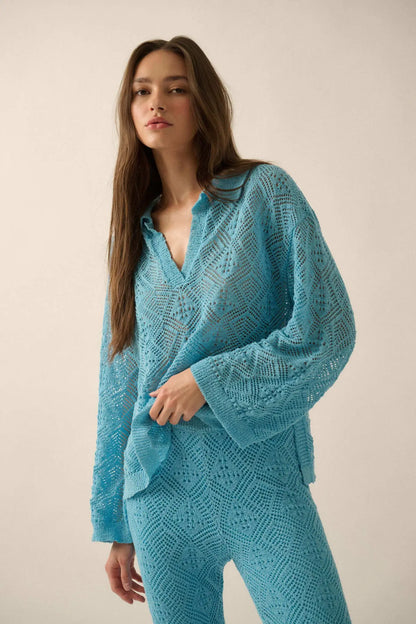 Diamond Dream Pointelle Crochet-Knit Polo Sweater
