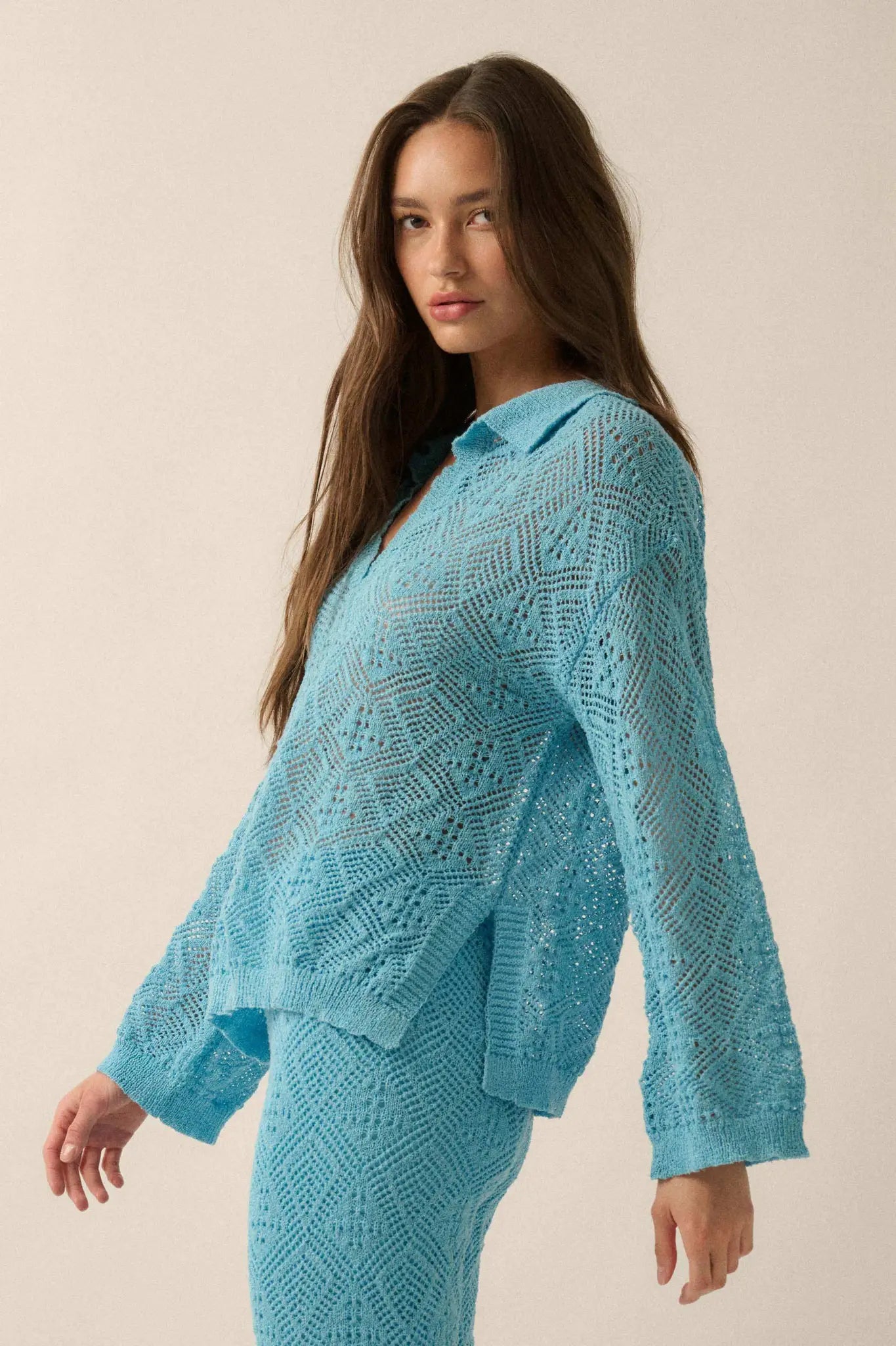 Diamond Dream Pointelle Crochet-Knit Polo Sweater
