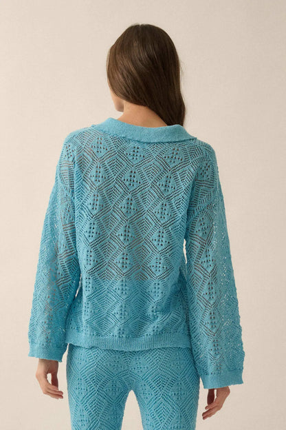 Diamond Dream Pointelle Crochet-Knit Polo Sweater