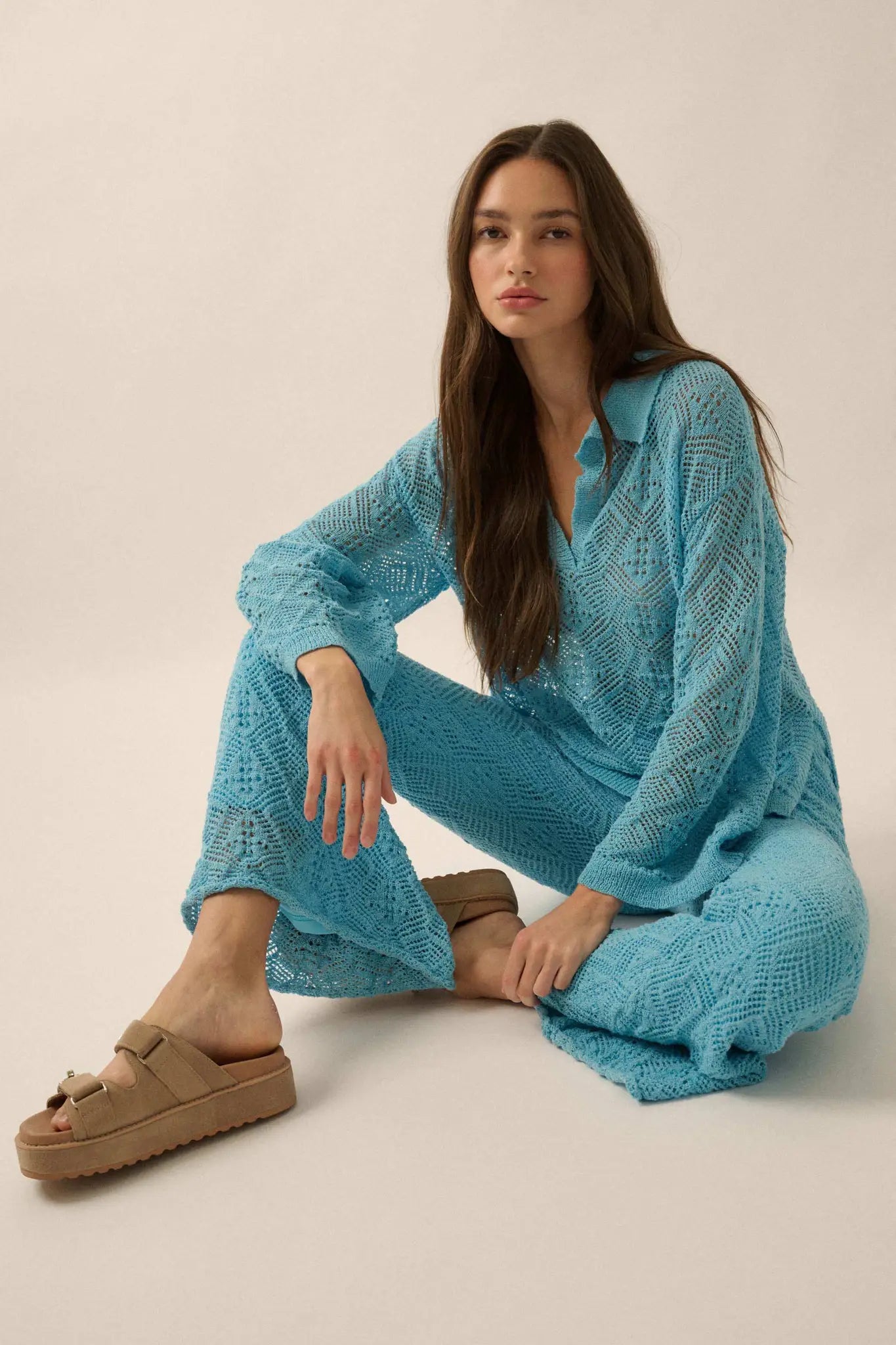 Diamond Dream Pointelle Crochet-Knit Polo Sweater