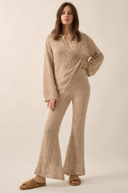 Diamond Dream Pointelle Crochet-Knit Polo Sweater