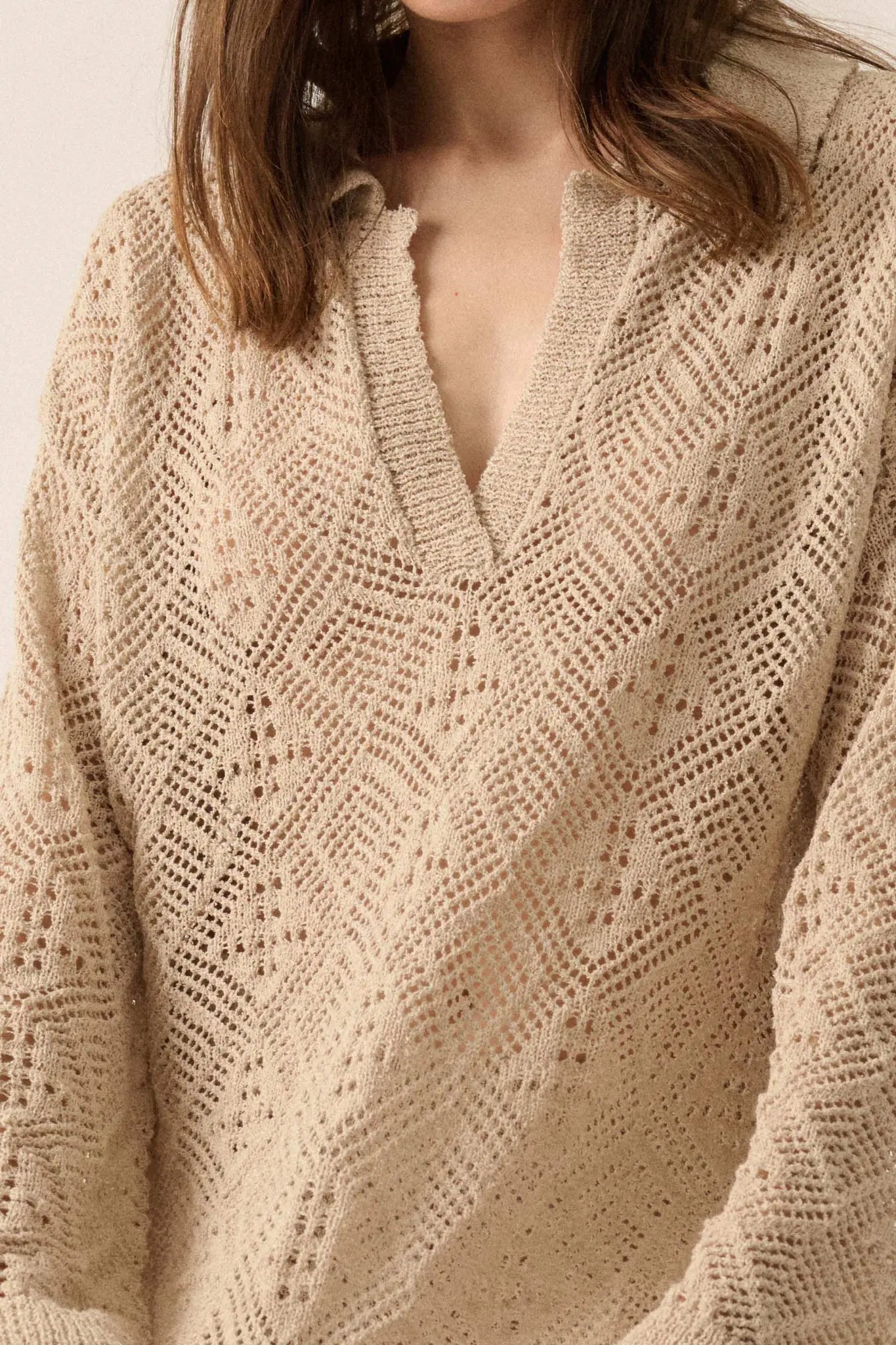 Diamond Dream Pointelle Crochet-Knit Polo Sweater