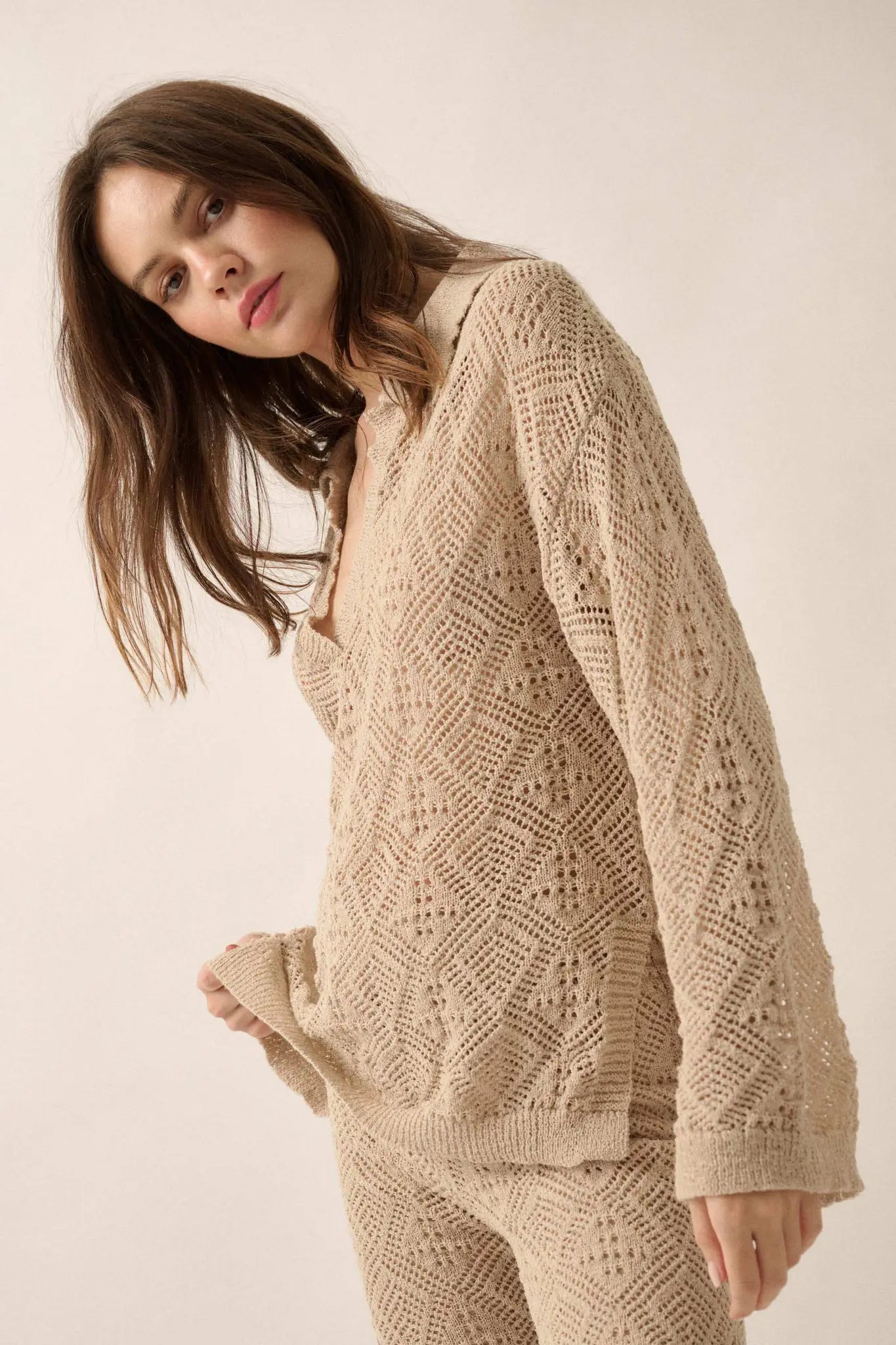Diamond Dream Pointelle Crochet-Knit Polo Sweater