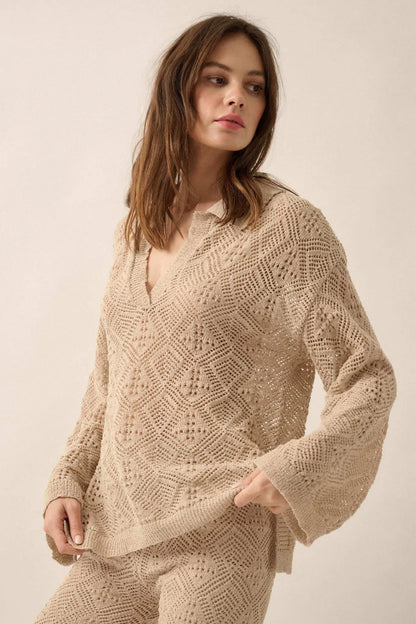 Diamond Dream Pointelle Crochet-Knit Polo Sweater