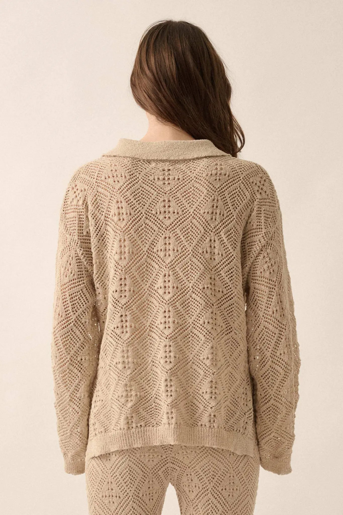 Diamond Dream Pointelle Crochet-Knit Polo Sweater