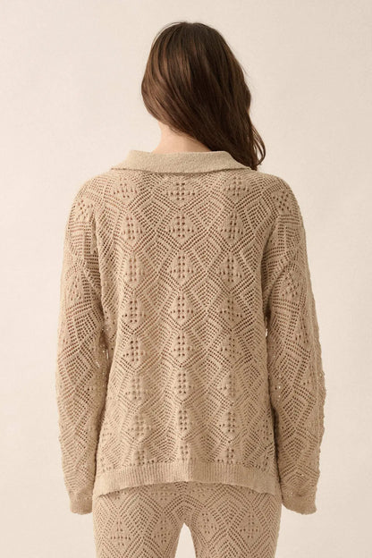 Diamond Dream Pointelle Crochet-Knit Polo Sweater