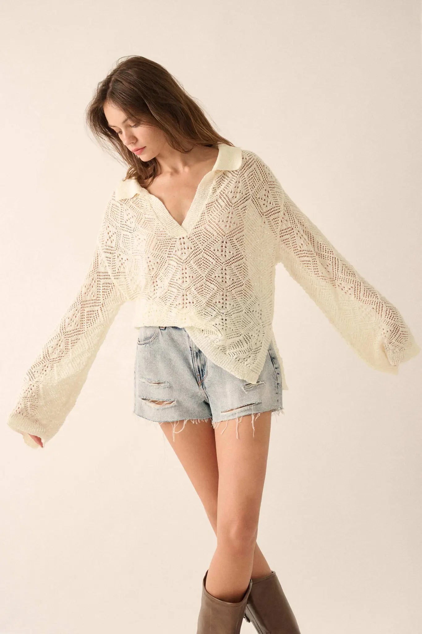 Diamond Dream Pointelle Crochet-Knit Polo Sweater