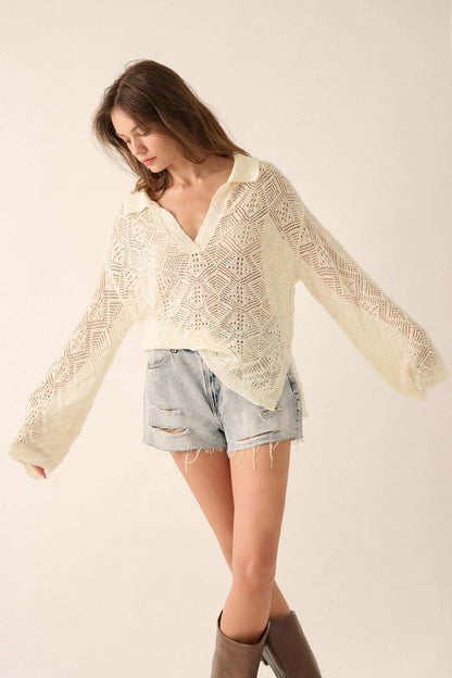 Diamond Dream Pointelle Crochet-Knit Polo Sweater