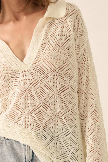 Diamond Dream Pointelle Crochet-Knit Polo Sweater