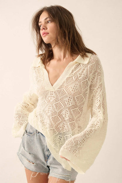 Diamond Dream Pointelle Crochet-Knit Polo Sweater