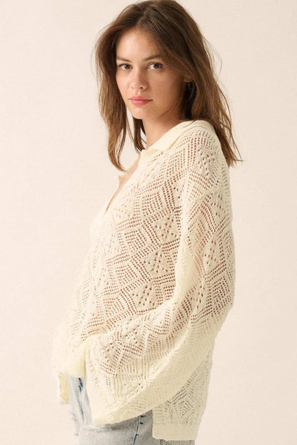Diamond Dream Pointelle Crochet-Knit Polo Sweater