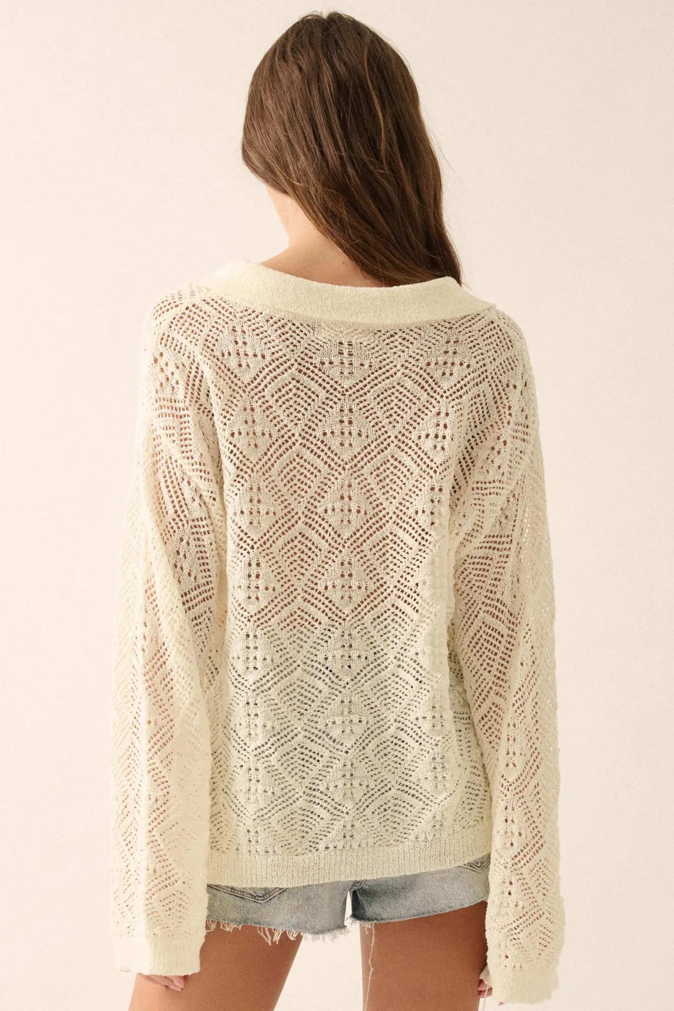 Diamond Dream Pointelle Crochet-Knit Polo Sweater