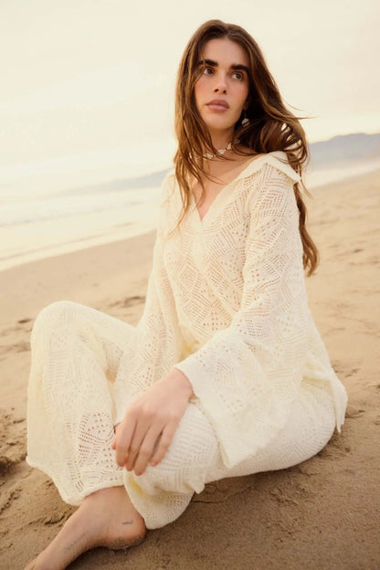 Diamond Dream Pointelle Crochet-Knit Polo Sweater