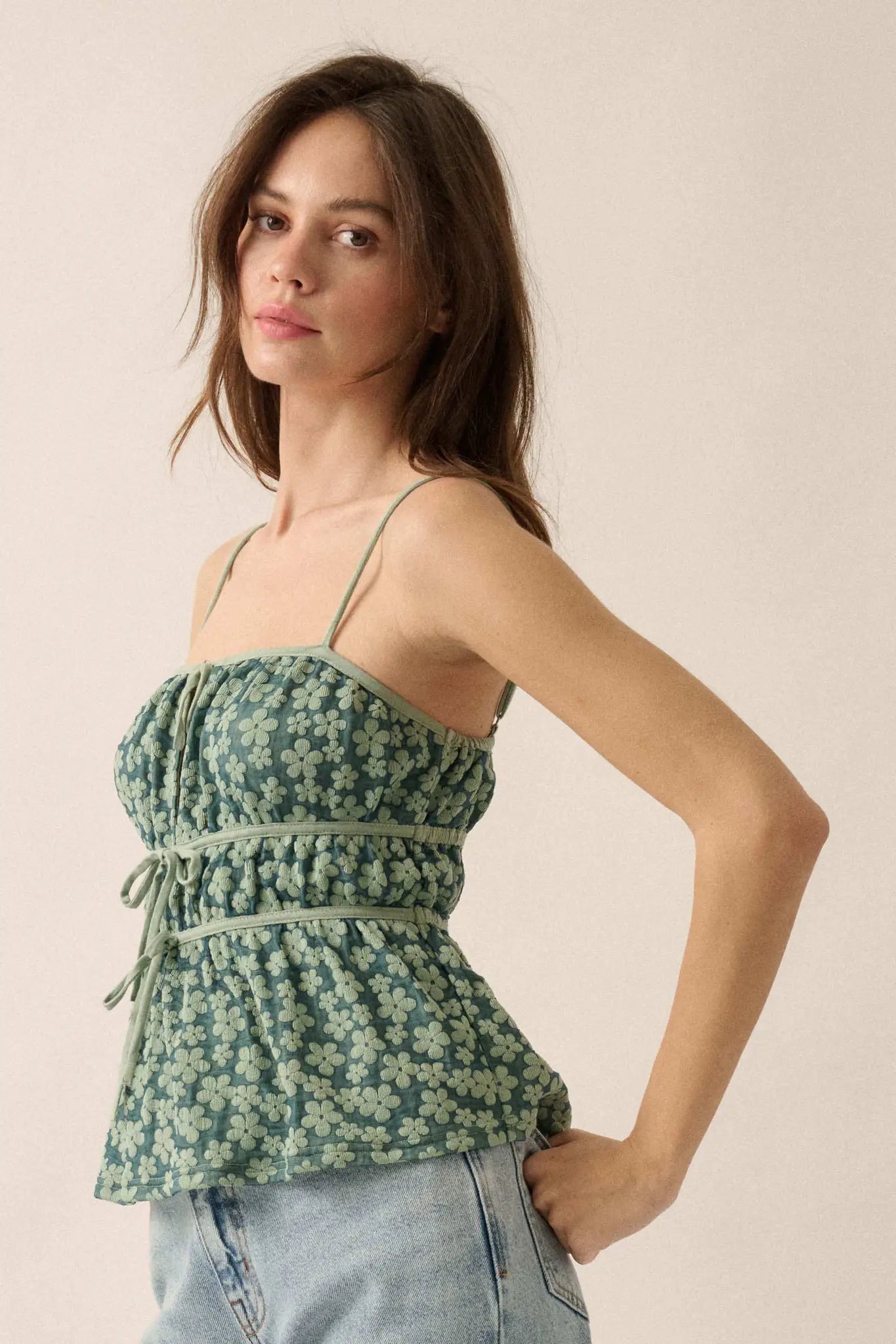 Home Grown Floral Tie-Front Babydoll Cami Top