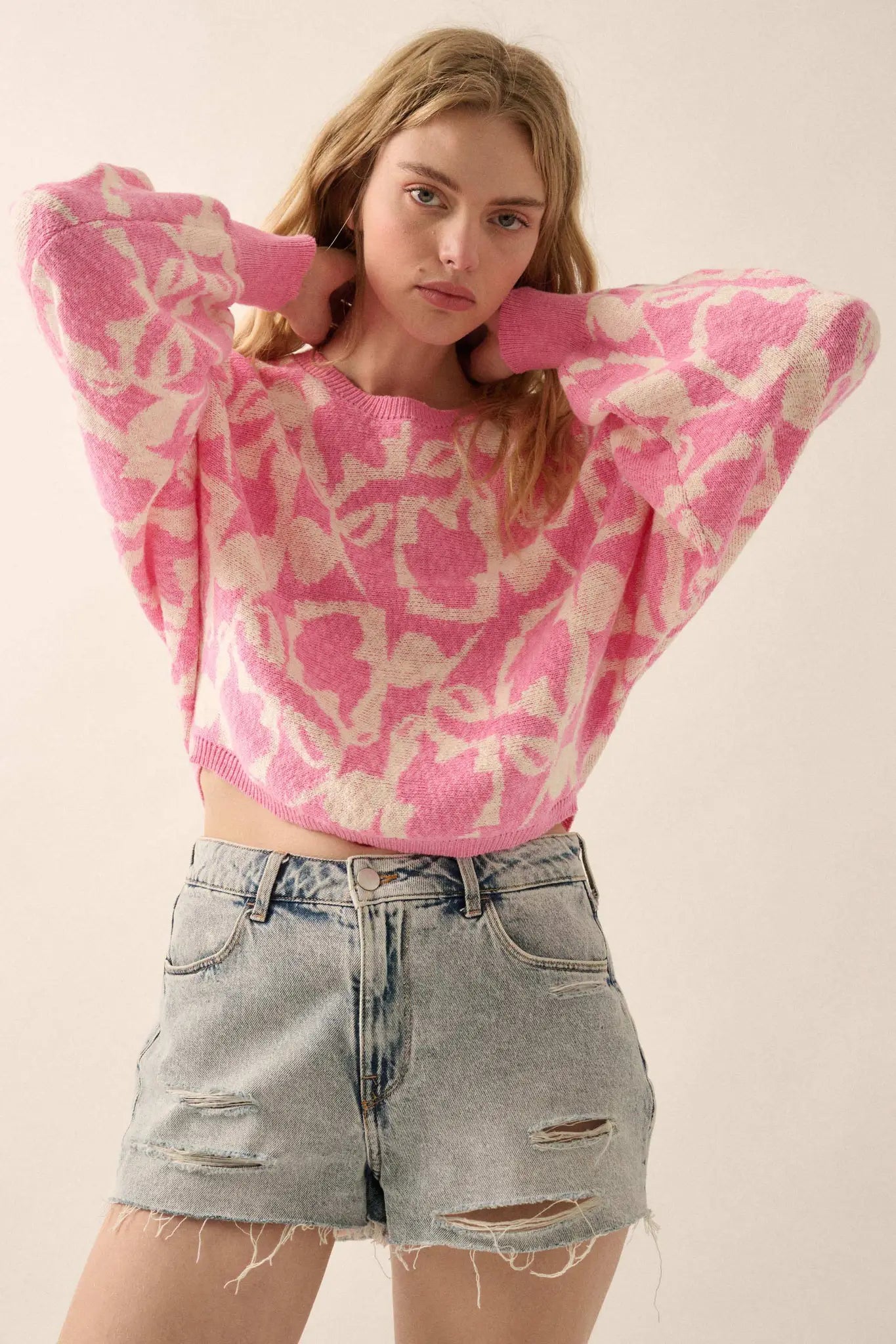 Abstract Garden Floral Jacquard Cropped Sweater