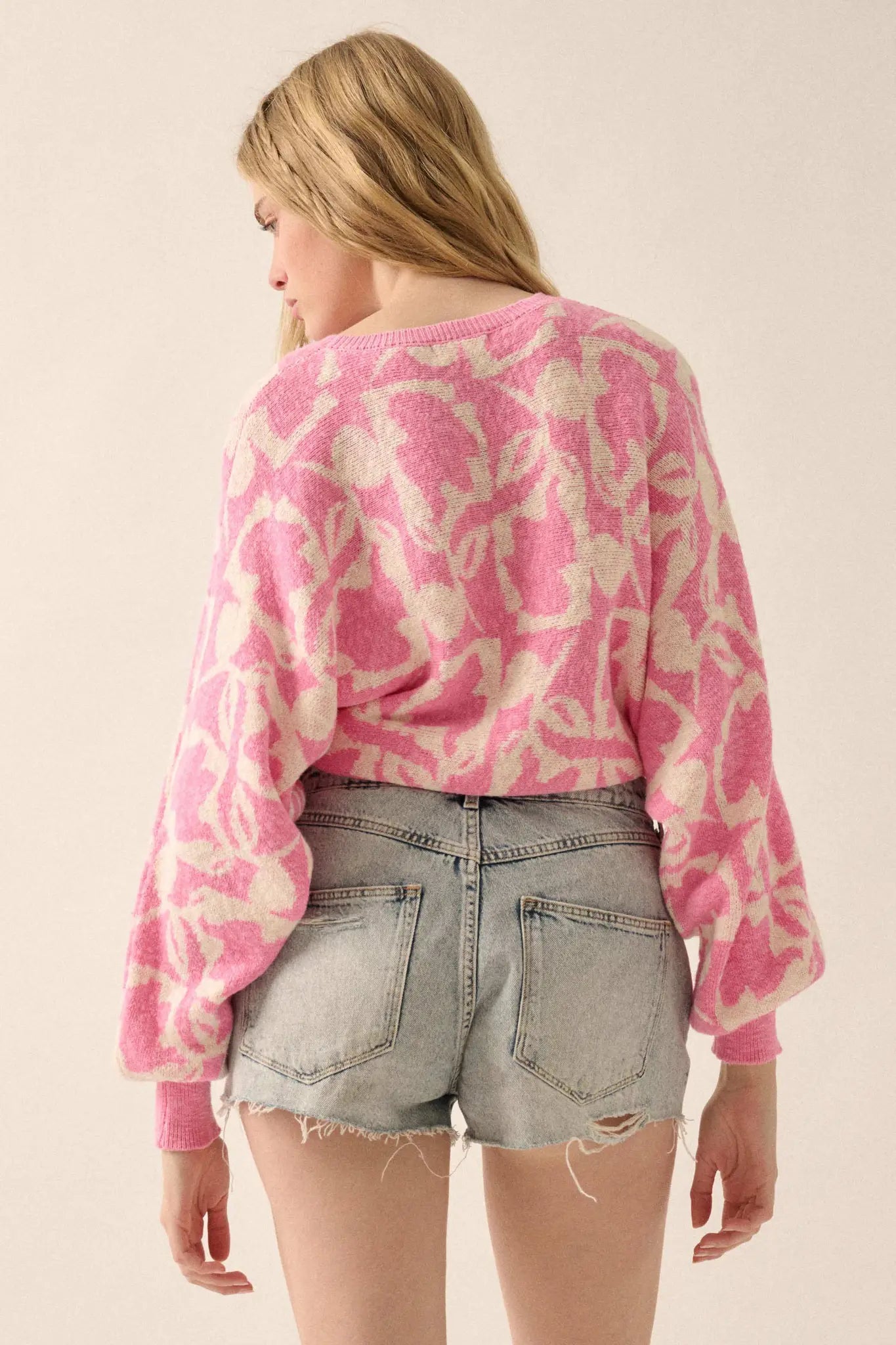 Abstract Garden Floral Jacquard Cropped Sweater