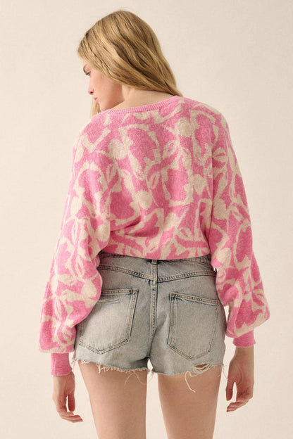 Abstract Garden Floral Jacquard Cropped Sweater