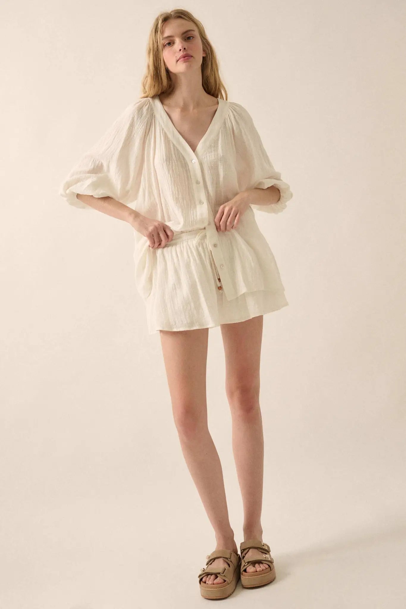 Fresh Feeling Textured Cotton Button-Up Blouse