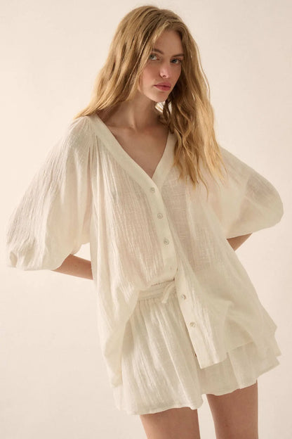 Fresh Feeling Textured Cotton Button-Up Blouse