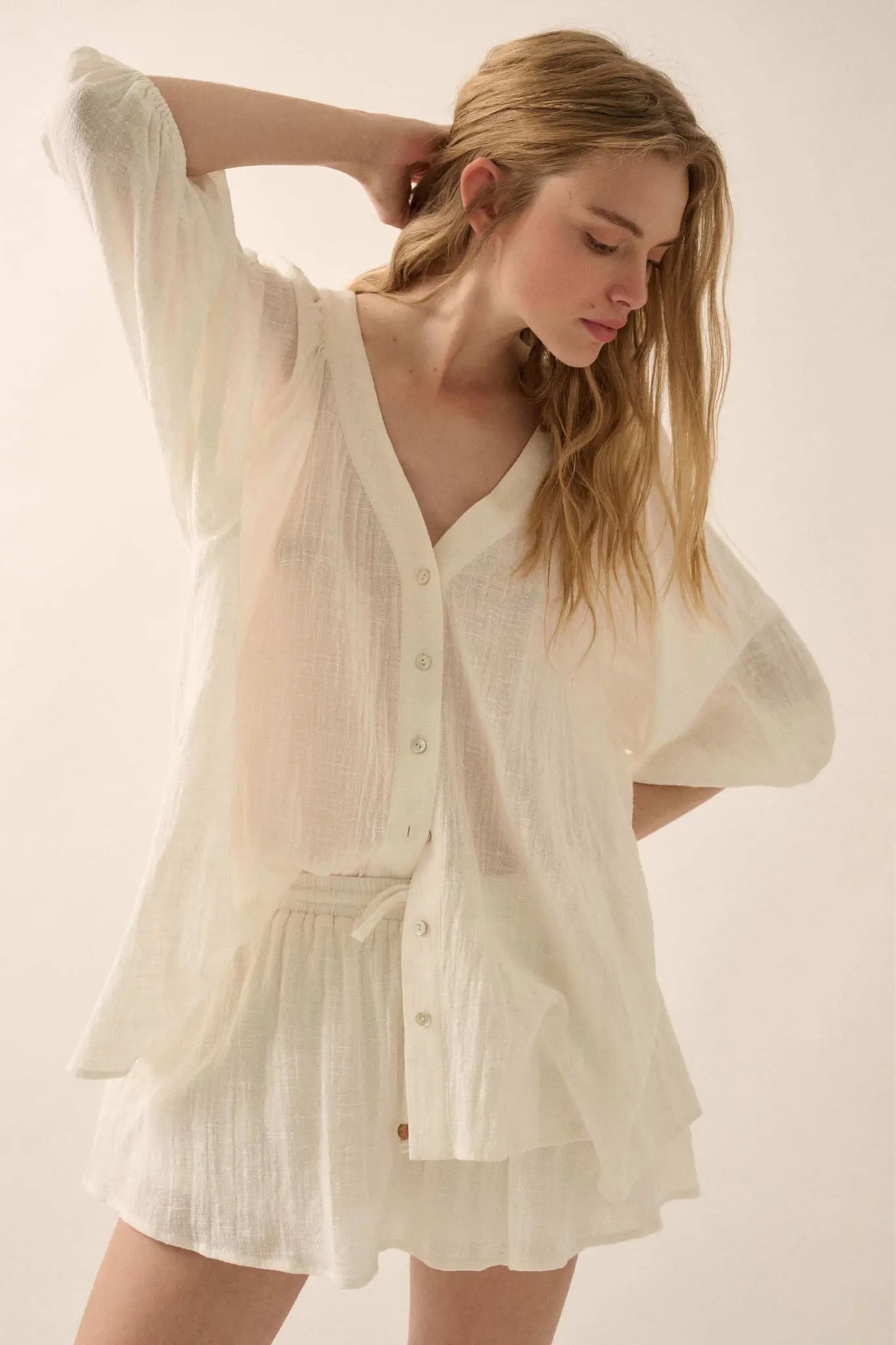 Fresh Feeling Textured Cotton Button-Up Blouse