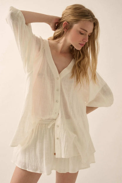 Fresh Feeling Textured Cotton Button-Up Blouse