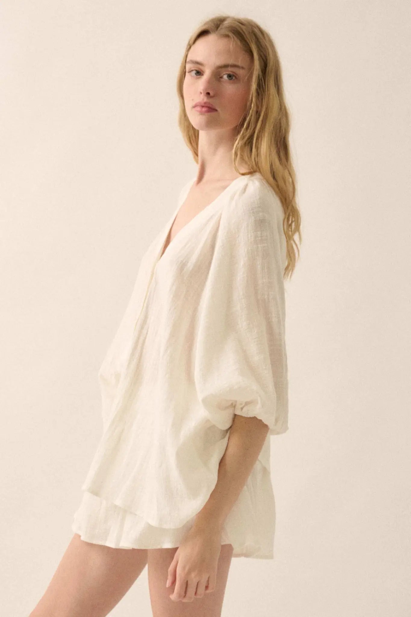 Fresh Feeling Textured Cotton Button-Up Blouse