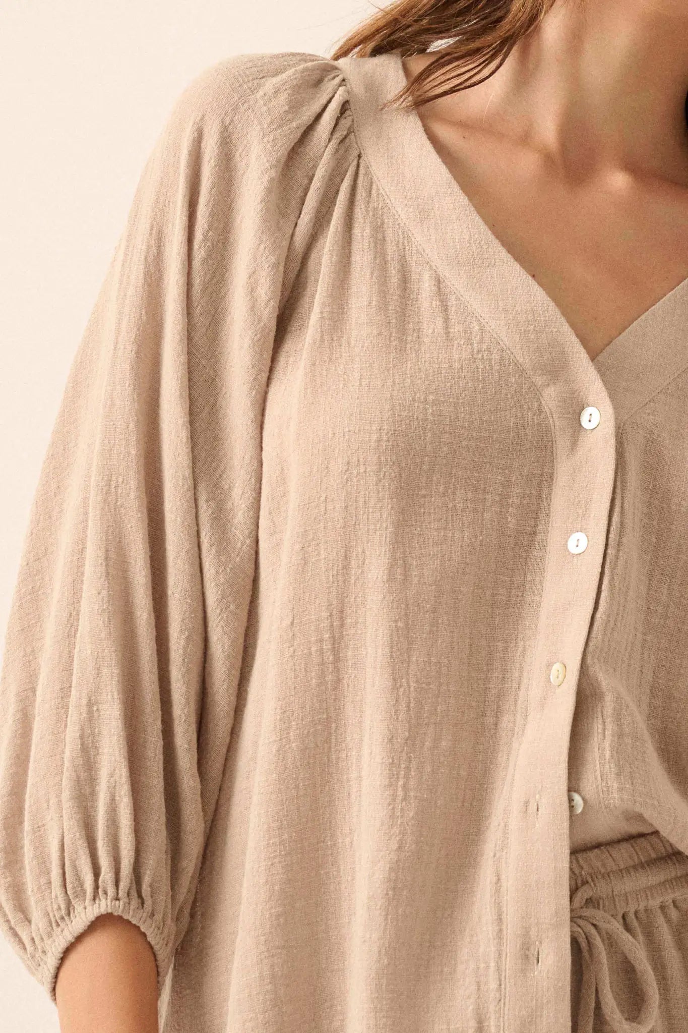 Fresh Feeling Textured Cotton Button-Up Blouse