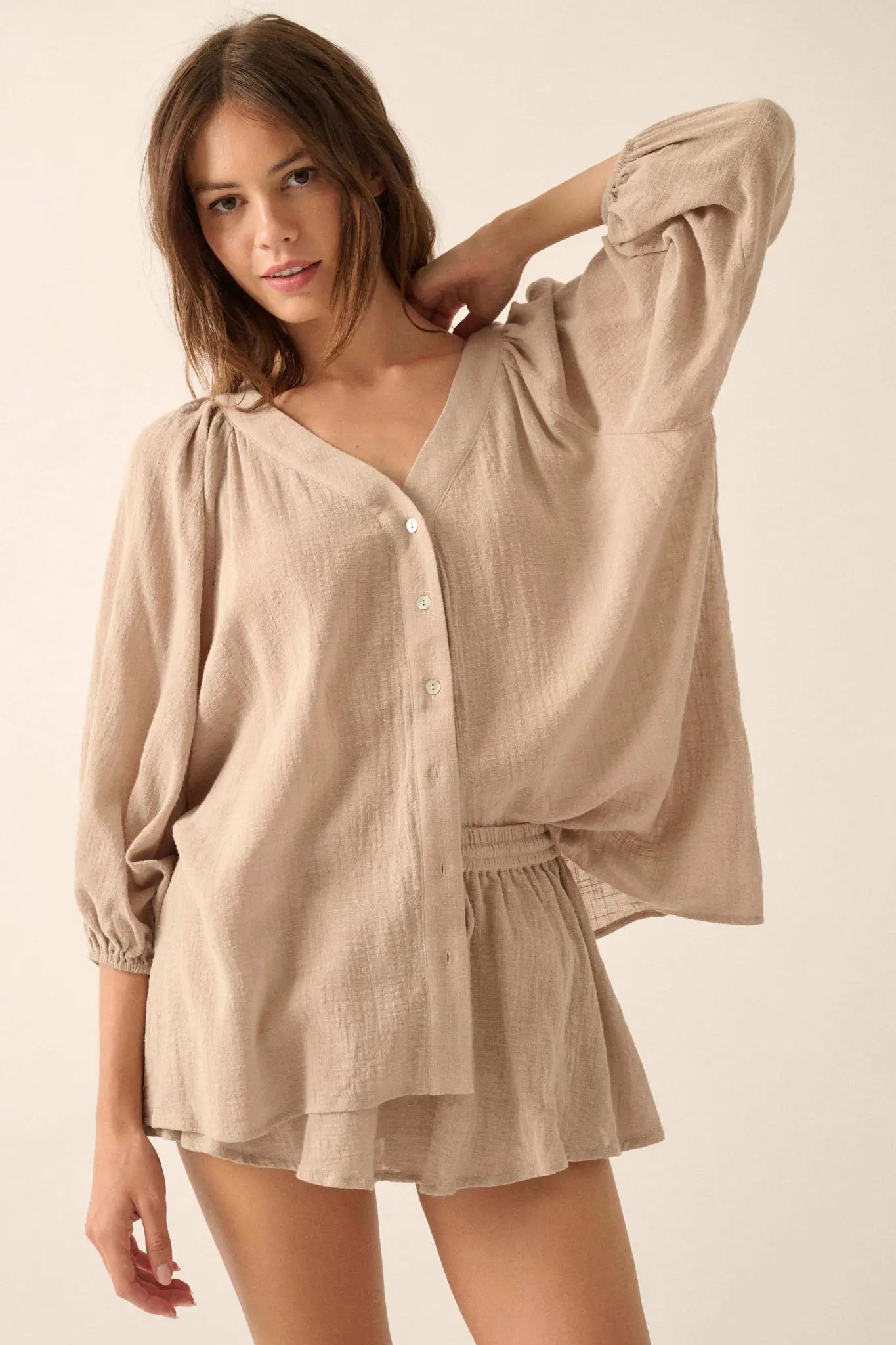 Fresh Feeling Textured Cotton Button-Up Blouse