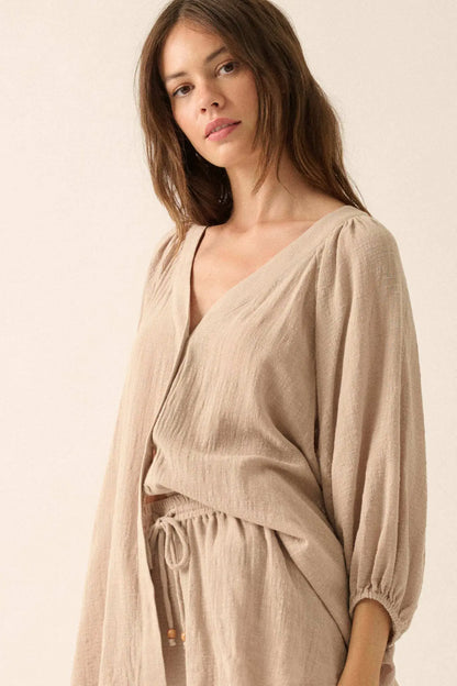 Fresh Feeling Textured Cotton Button-Up Blouse
