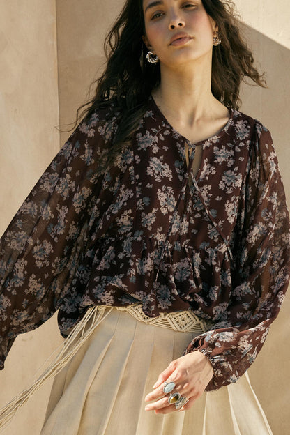 Country Garden Floral Chiffon Babydoll Peasant Top