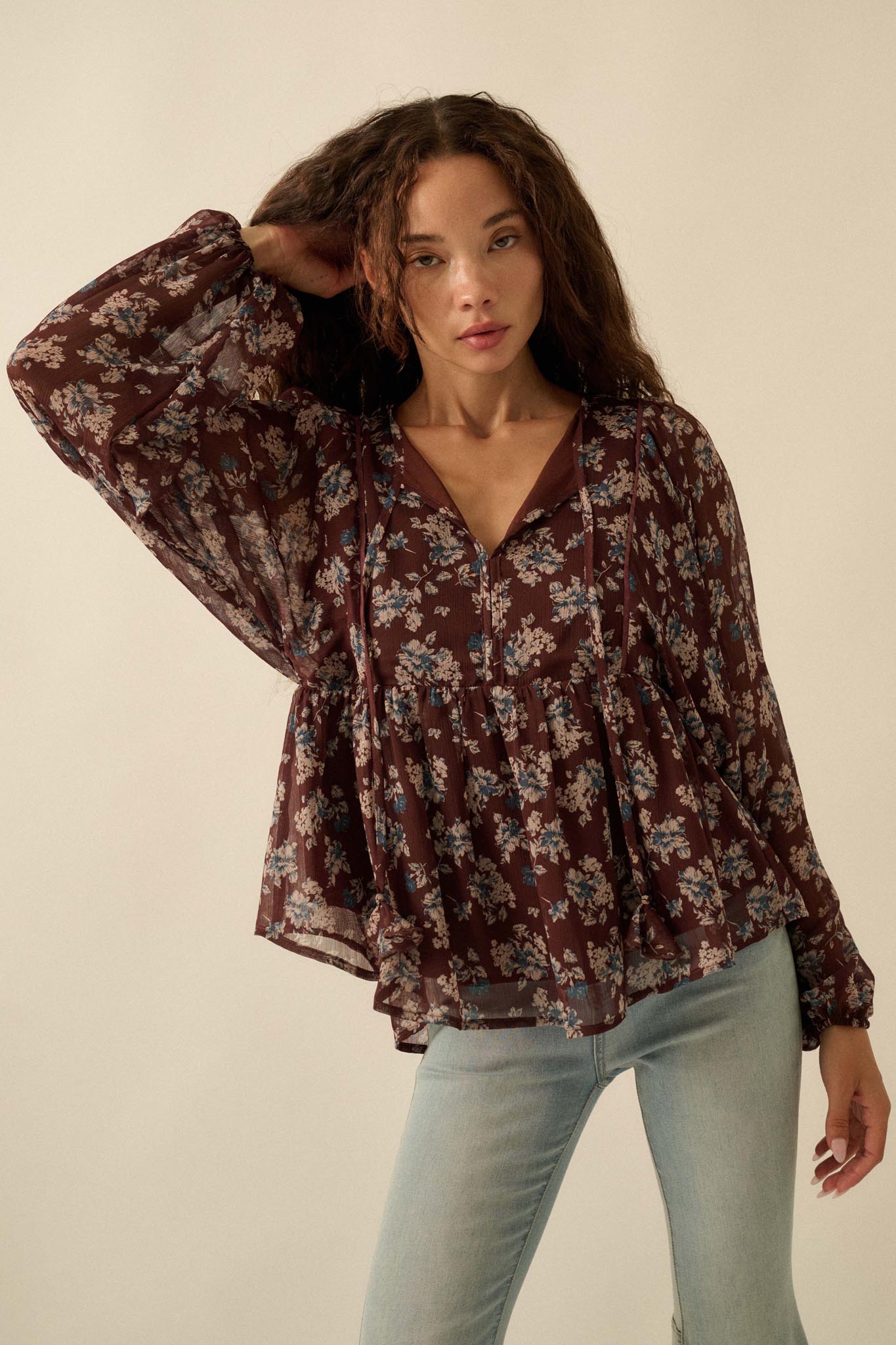 Country Garden Floral Chiffon Babydoll Peasant Top