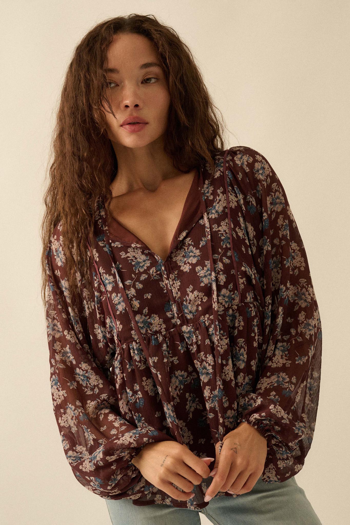 Country Garden Floral Chiffon Babydoll Peasant Top