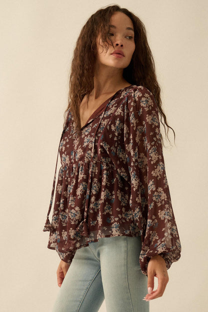 Country Garden Floral Chiffon Babydoll Peasant Top