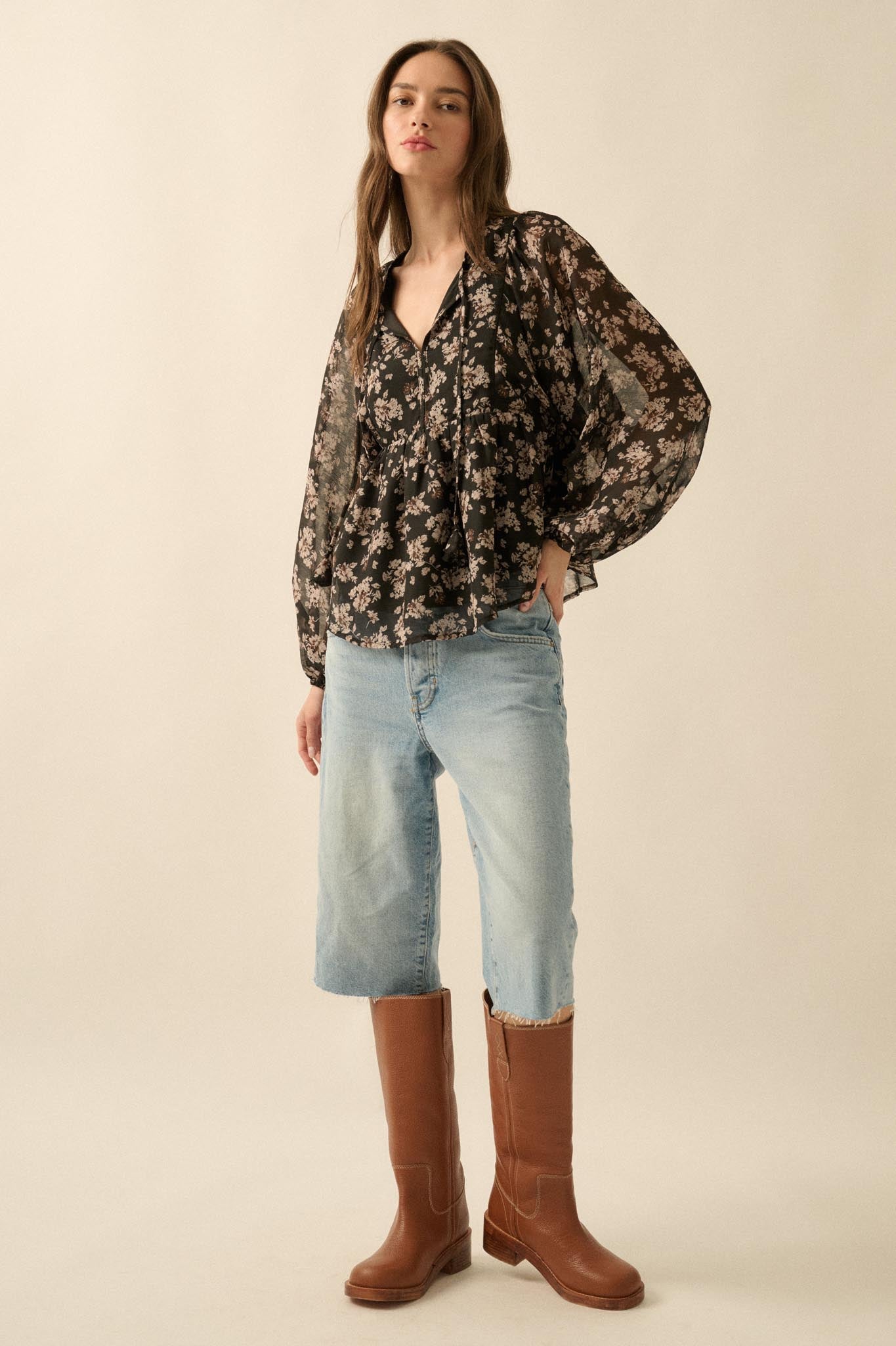 Country Garden Floral Chiffon Babydoll Peasant Top