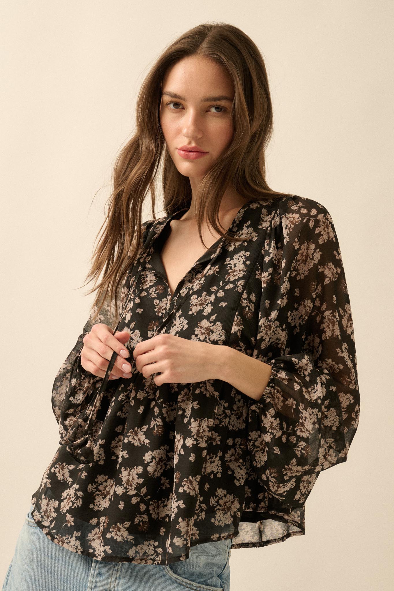 Country Garden Floral Chiffon Babydoll Peasant Top