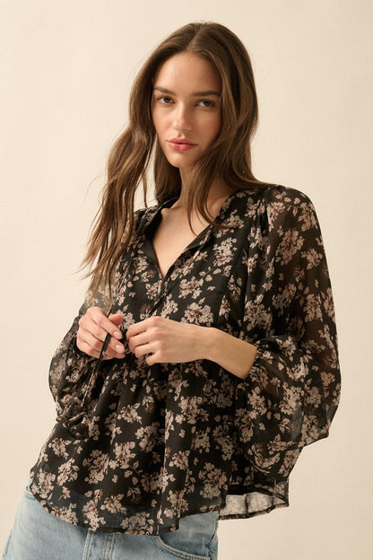 Country Garden Floral Chiffon Babydoll Peasant Top