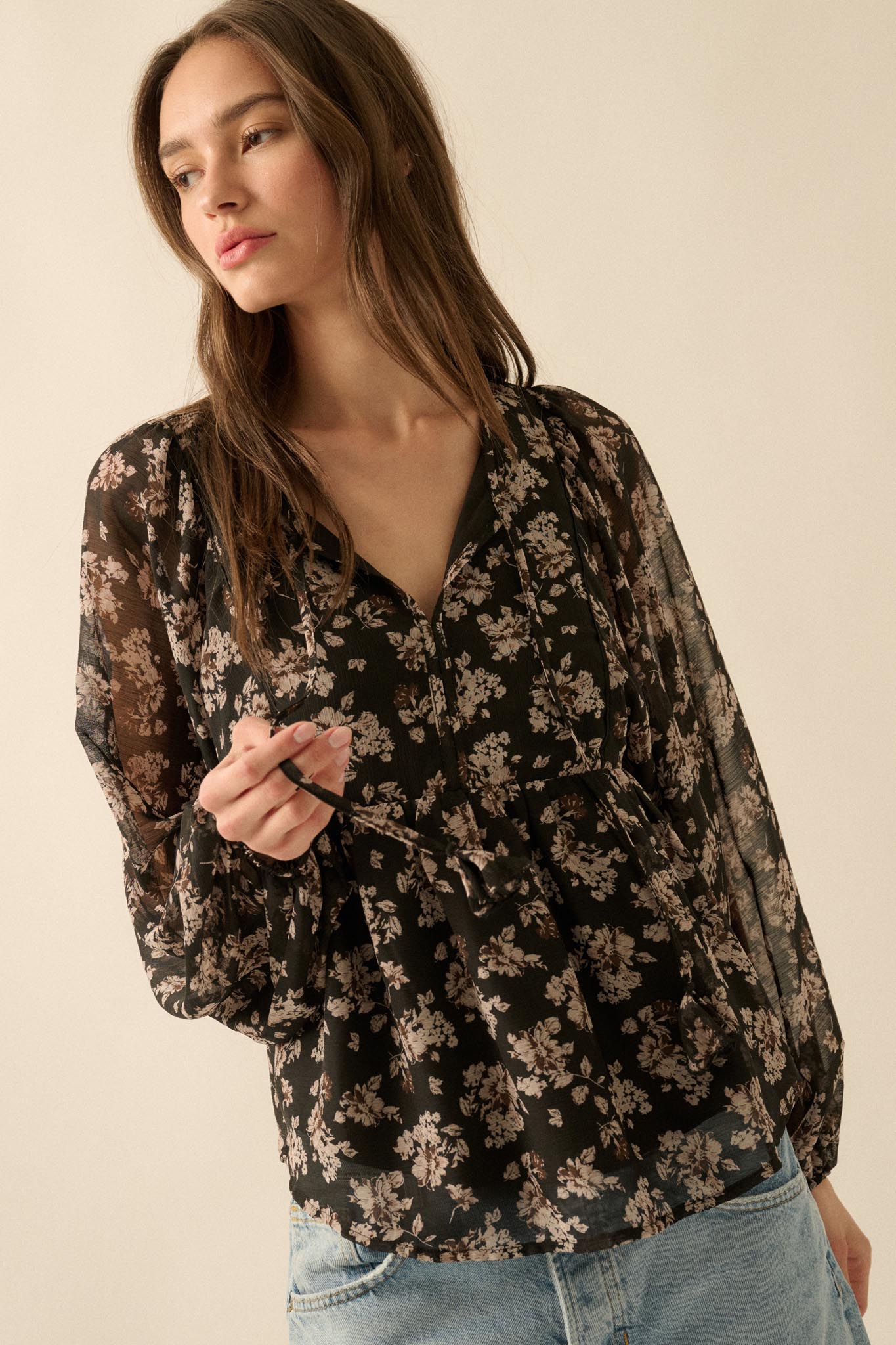 Country Garden Floral Chiffon Babydoll Peasant Top