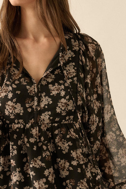 Country Garden Floral Chiffon Babydoll Peasant Top