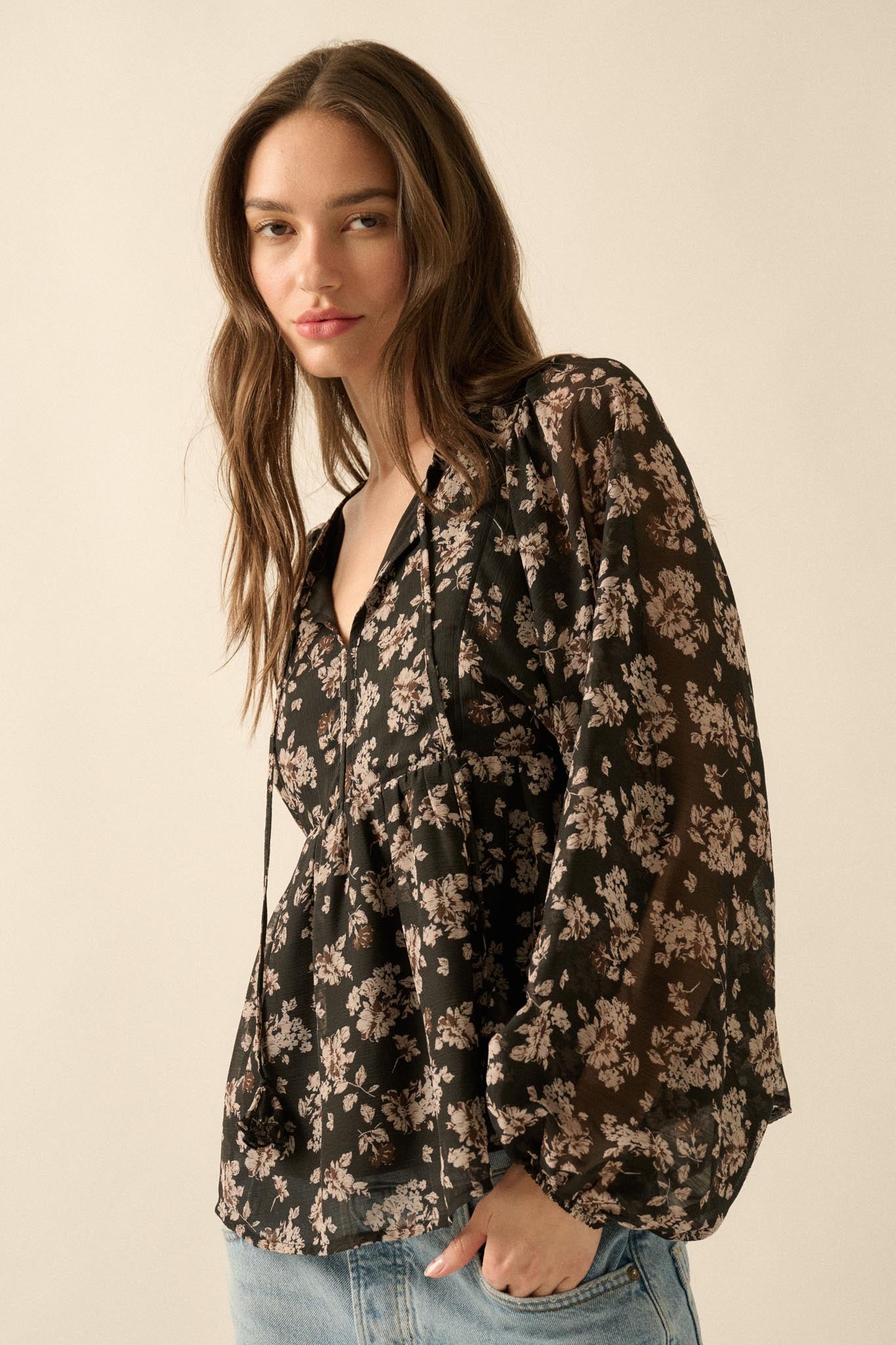 Country Garden Floral Chiffon Babydoll Peasant Top