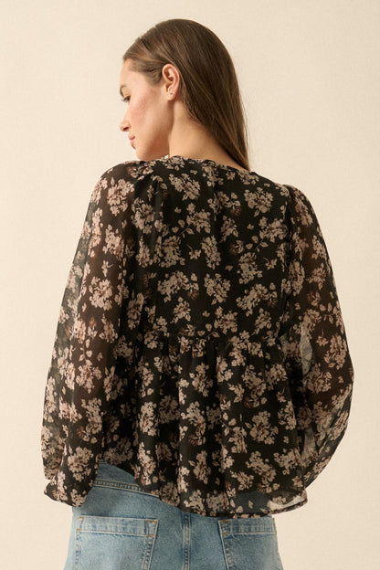 Country Garden Floral Chiffon Babydoll Peasant Top