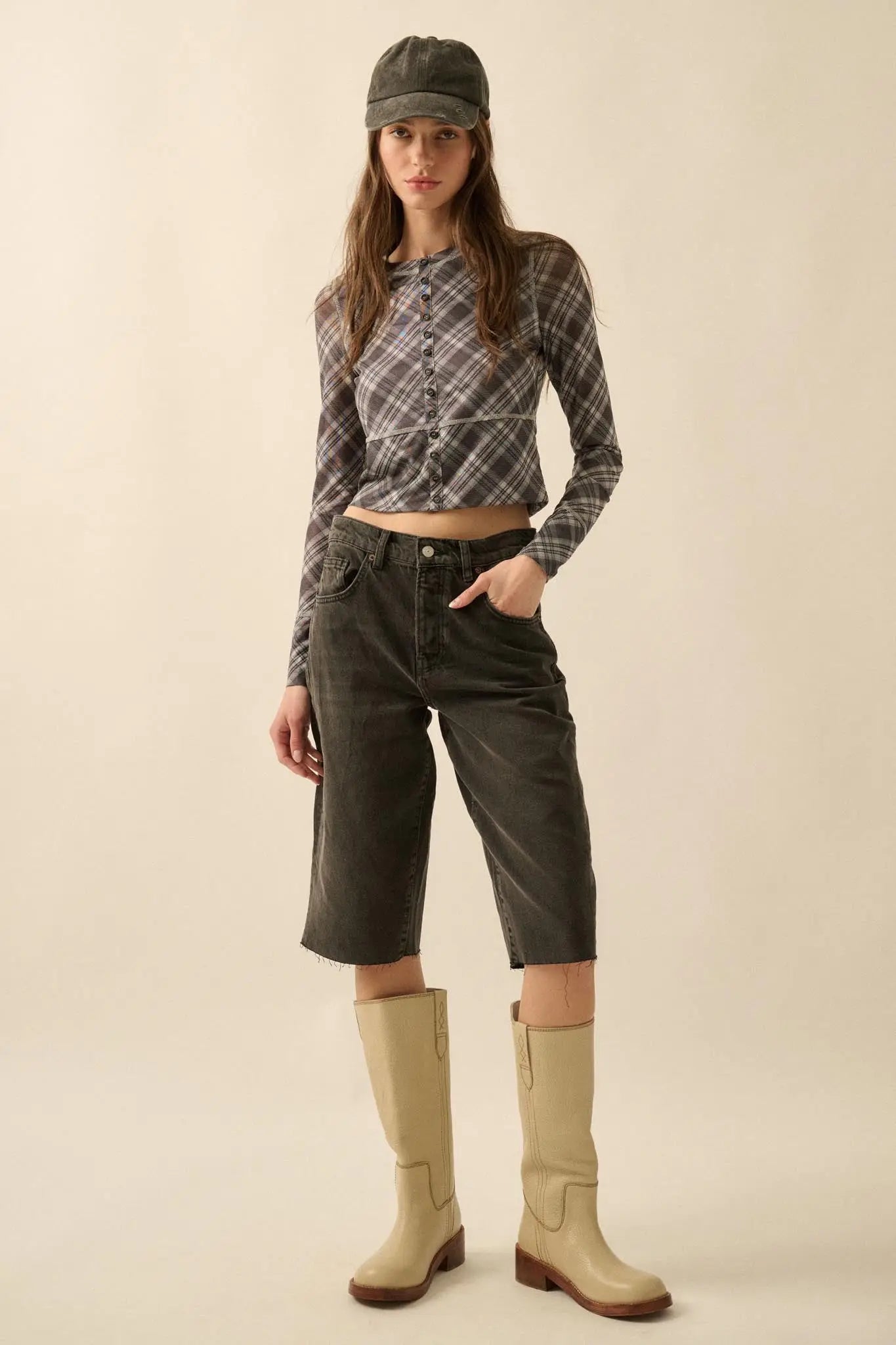 Reality Check Plaid Cropped Long-Sleeve Top