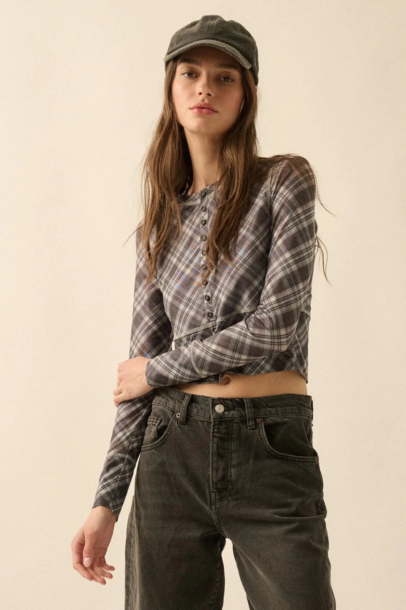 Reality Check Plaid Cropped Long-Sleeve Top