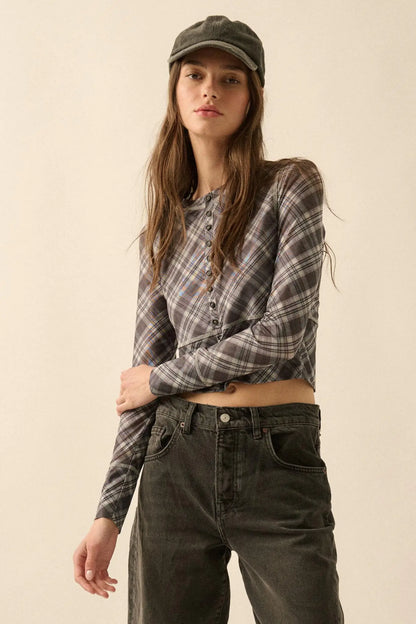 Reality Check Plaid Cropped Long-Sleeve Top