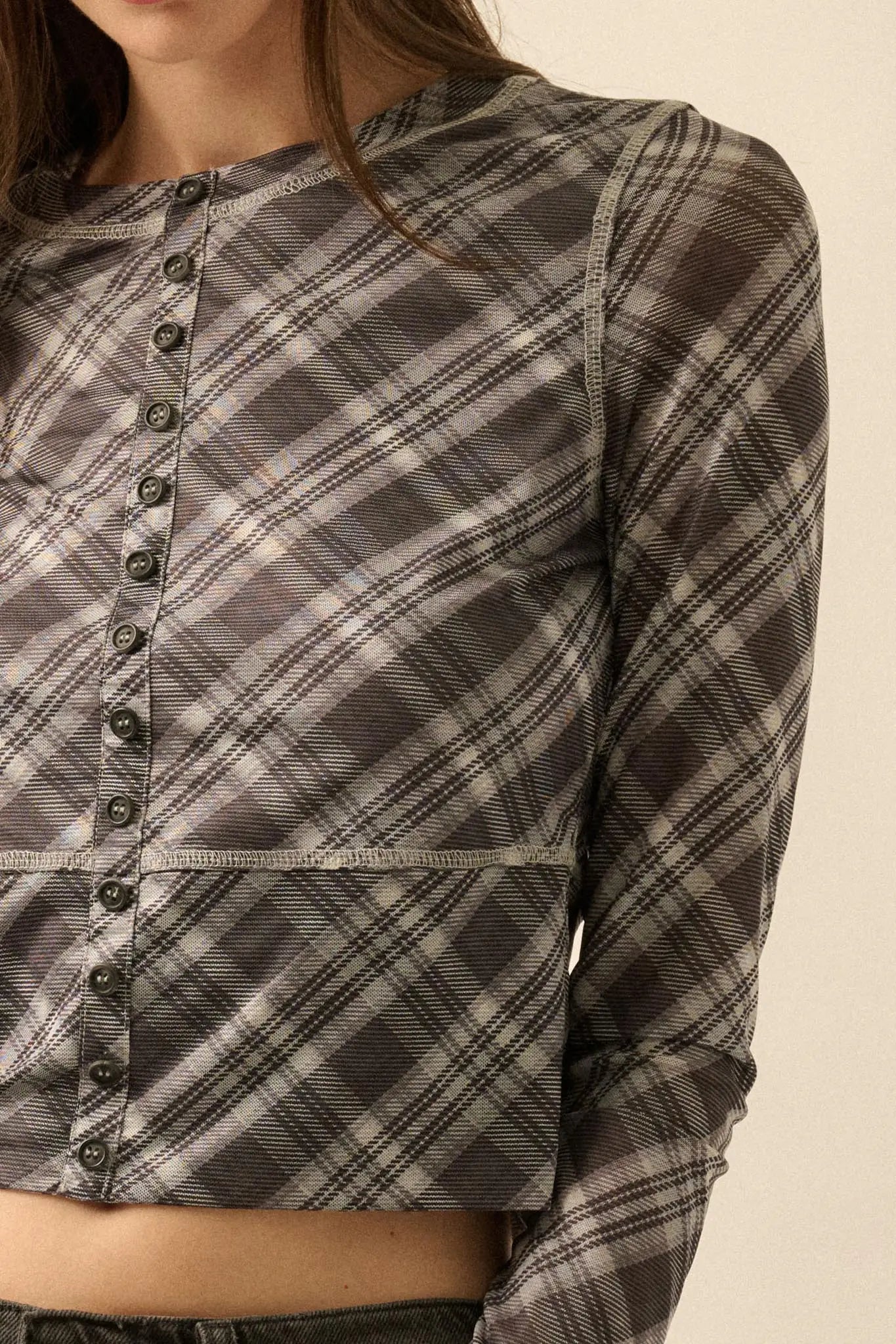 Reality Check Plaid Cropped Long-Sleeve Top