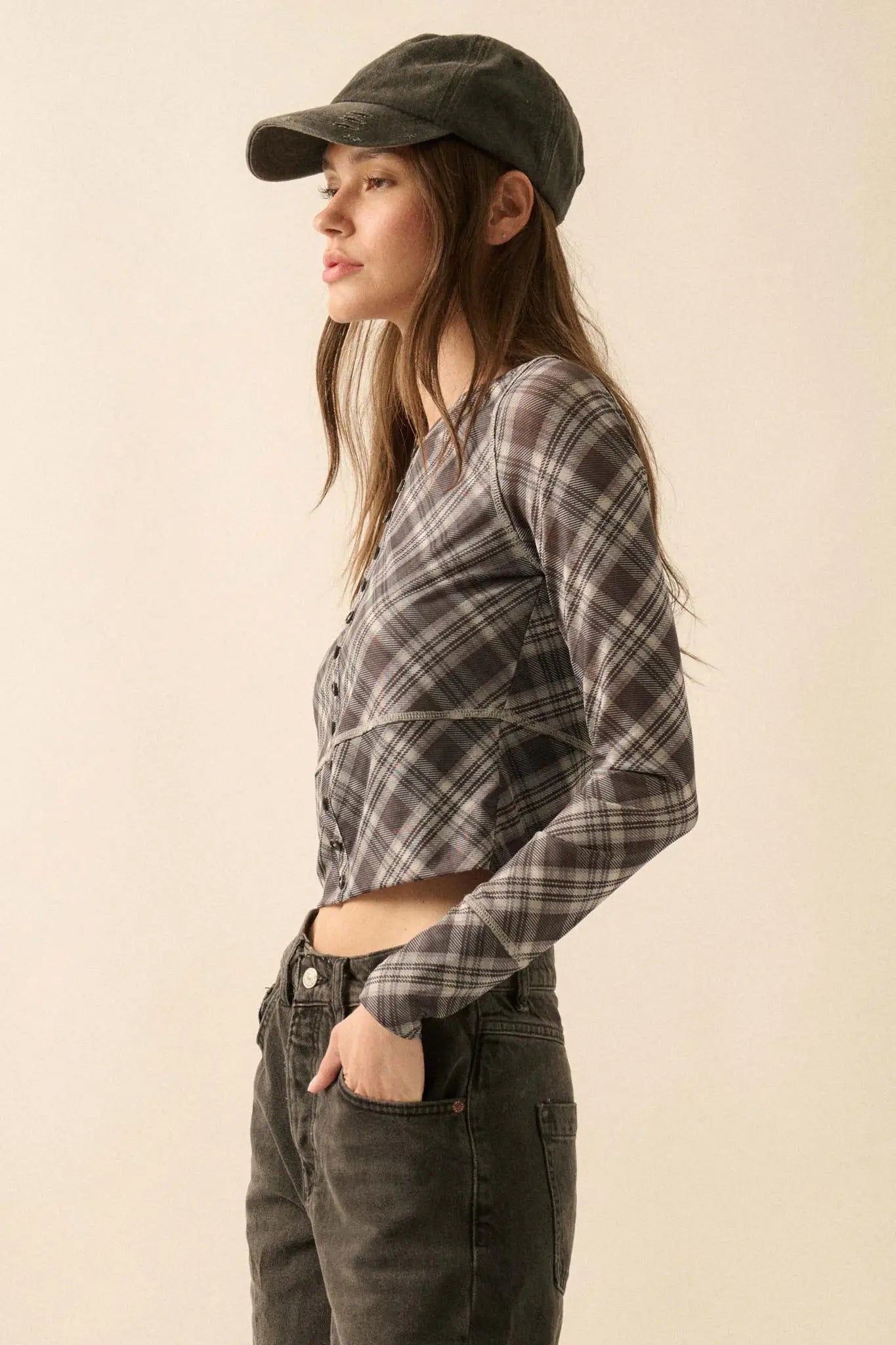 Reality Check Plaid Cropped Long-Sleeve Top