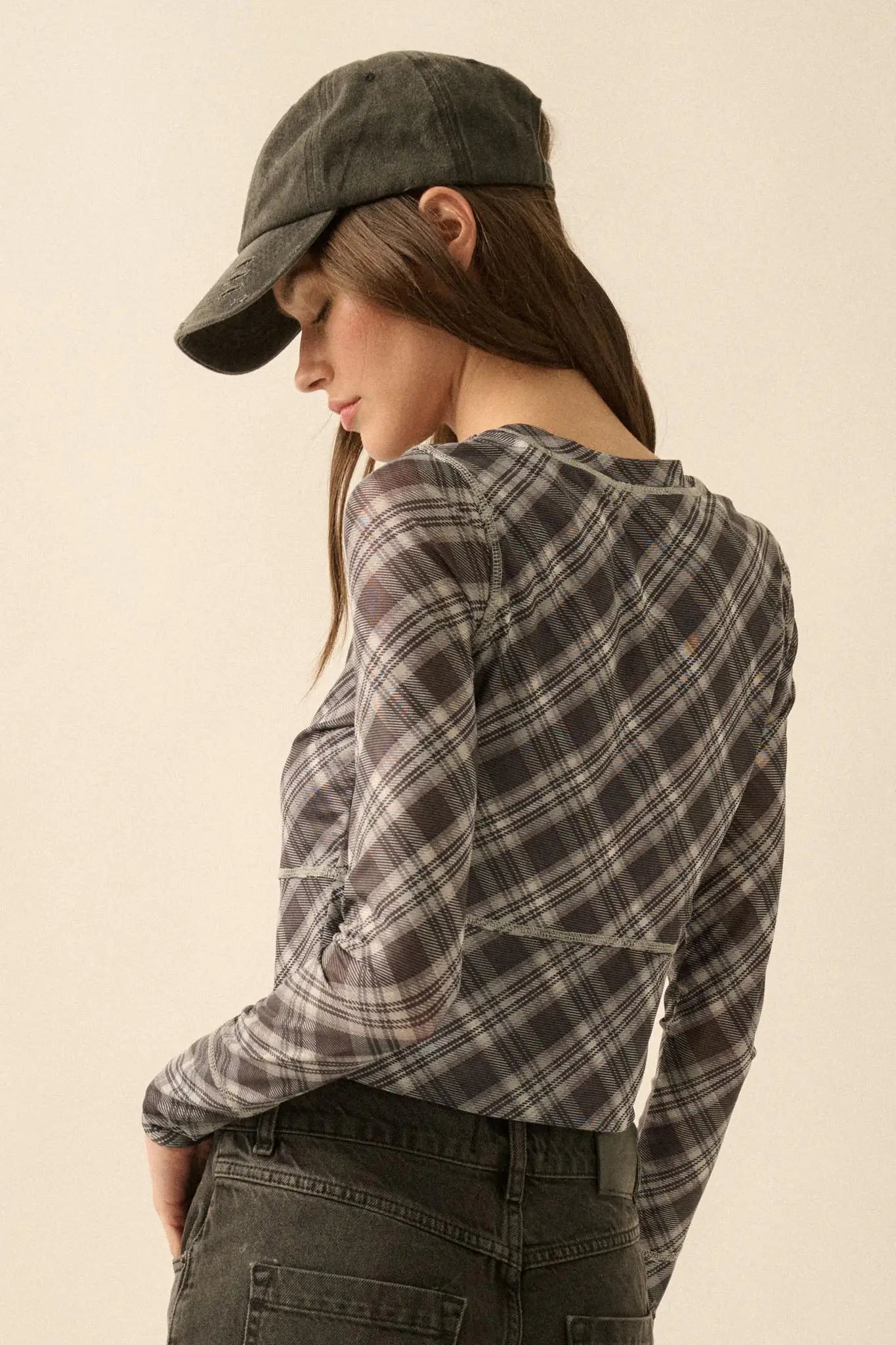 Reality Check Plaid Cropped Long-Sleeve Top